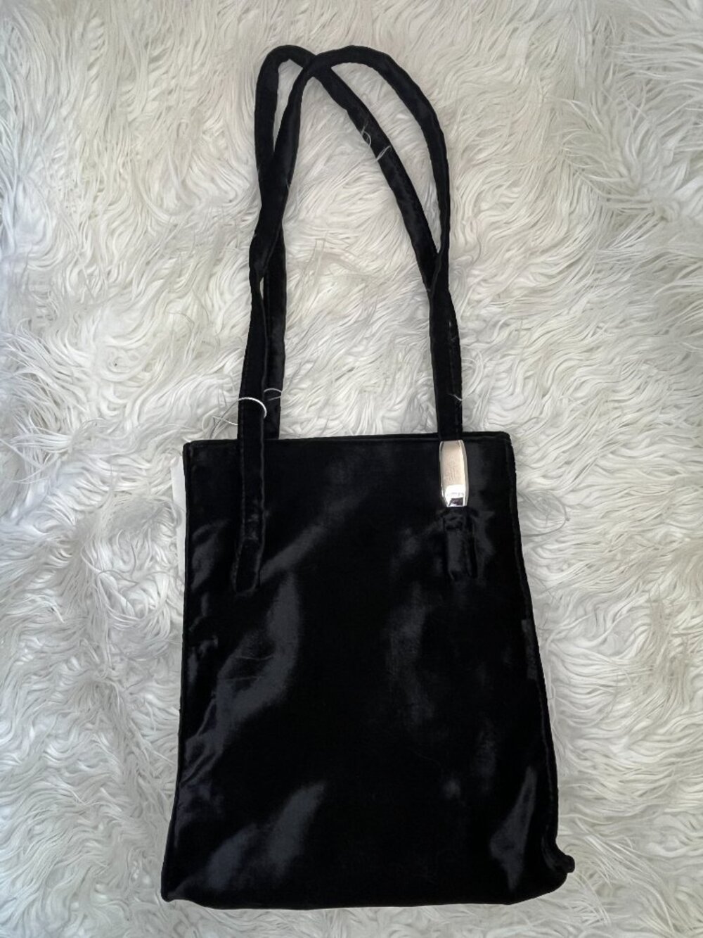 Furla Vintage Black Velvet Mini Tote Bag Shoulder Purse Silver Hardware